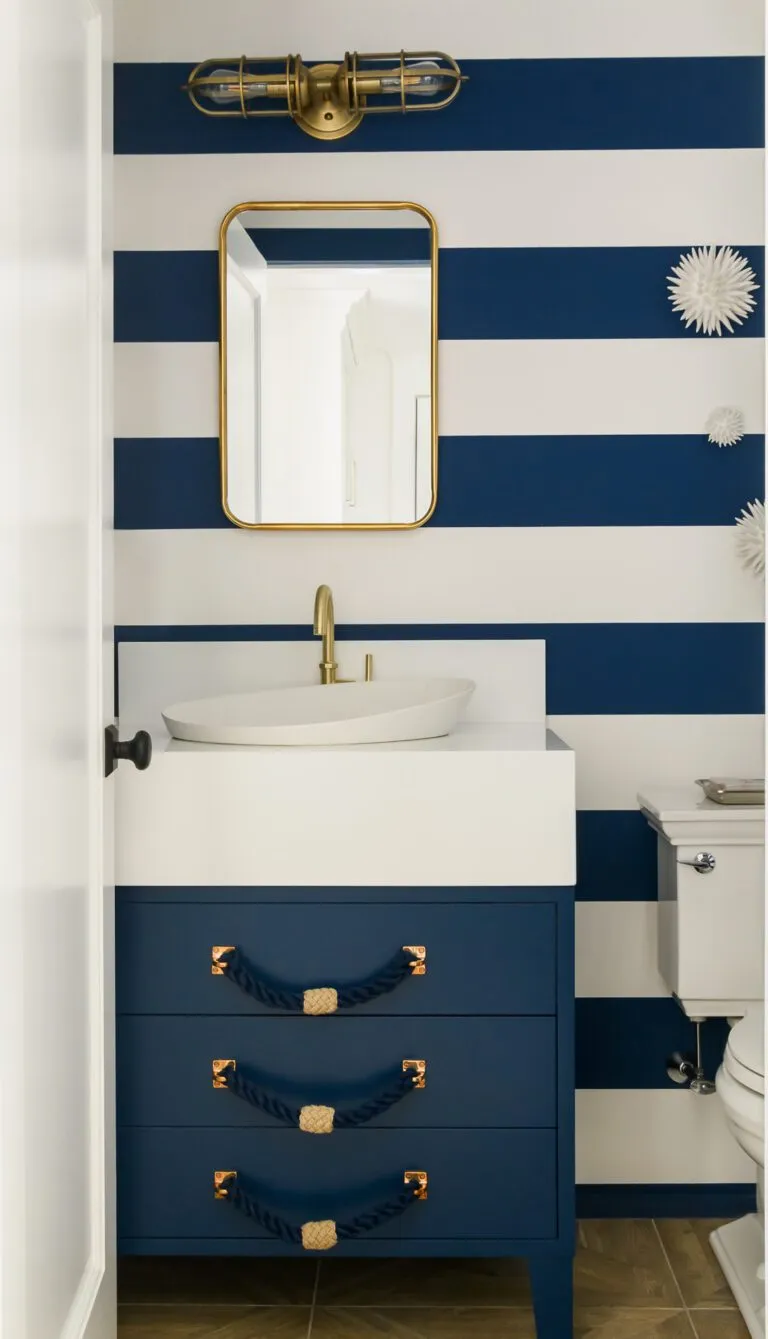 Small nautical-themed bathroom featuring blue and white horizontal stripes, gold fixtures, a modern white sink, and a blue vanity with rope handles.