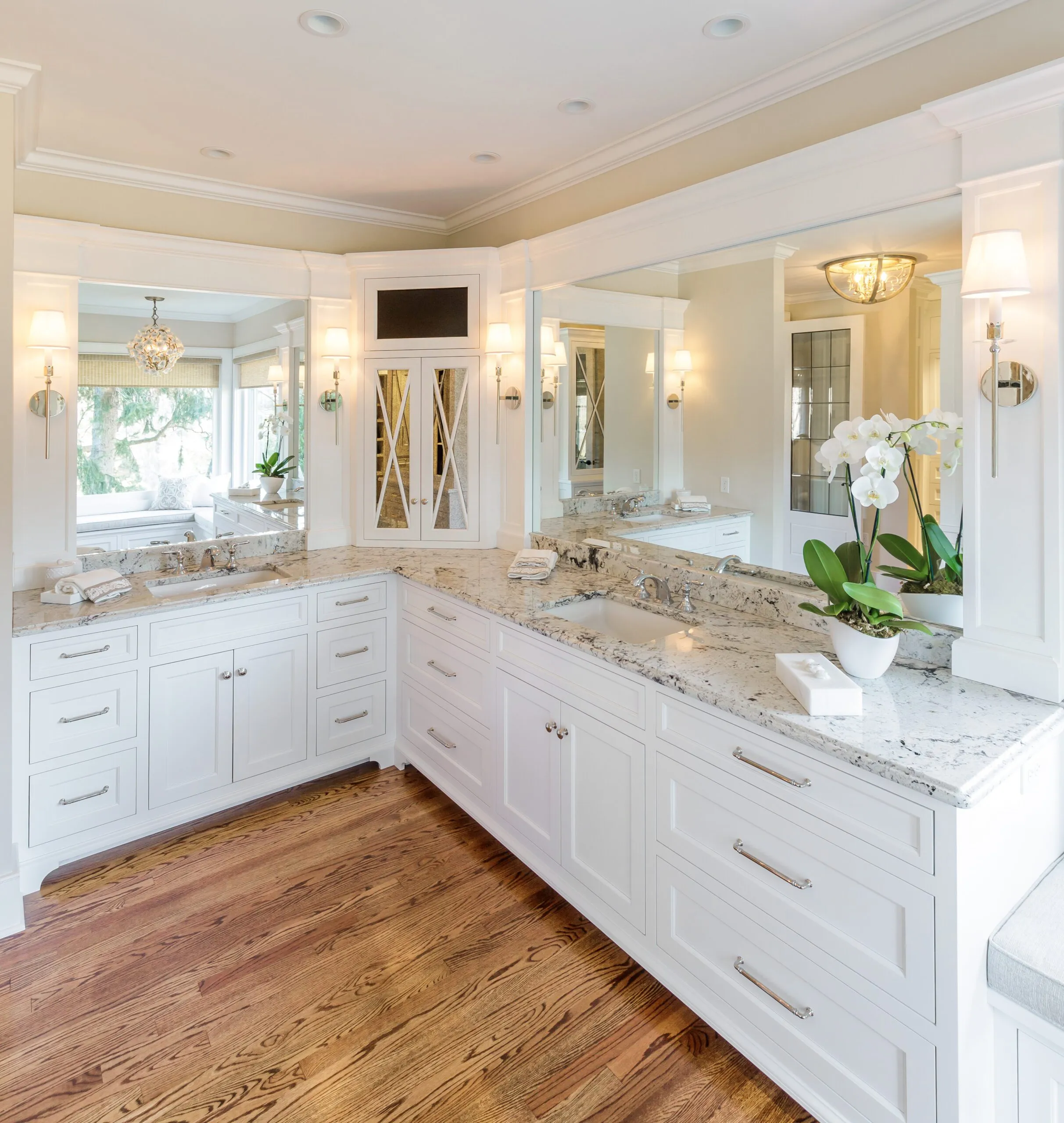 Elegant White Marble Bathroom Vanity with Dual Sinks