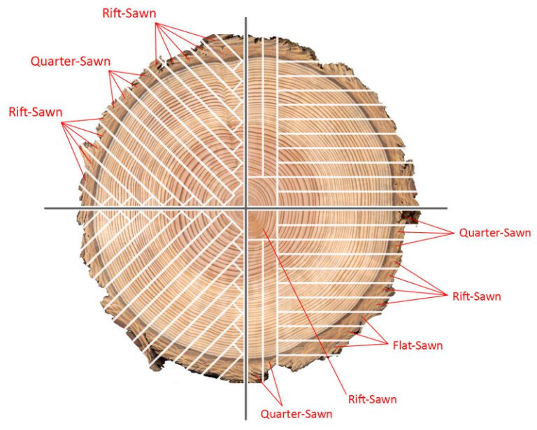 Diagram illustrating a cross-section of a log showing how different cuts produce Plain Sawn (Flat Sawn), Quarter Sawn, and Rift Sawn lumber, highlighting the angles relative to the growth rings.