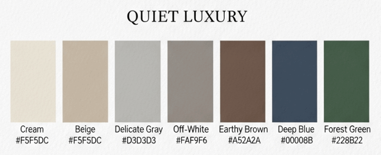 A color palette image titled "Quiet Luxury" displaying seven color swatches with their names and hex codes.