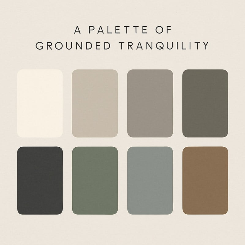A Japandi-inspired color palette titled "A Palette of Grounded Tranquility" showing eight earthy and muted color swatches, including off-white, beige, taupe, charcoal, sage green, and brown.