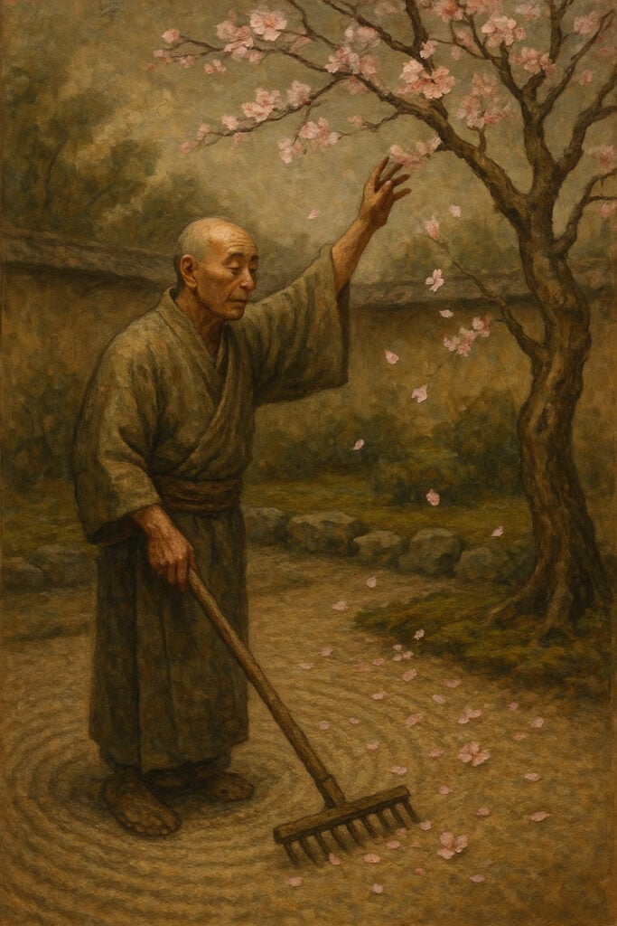 A painting illustrating the wabi-sabi story of Sen no Rikyū, showing a Japanese monk creating imperfection by shaking a cherry tree, causing petals to fall onto a perfectly raked Zen garden.